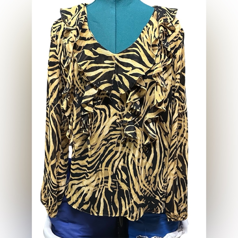 Anne Klein Black and Tan Animal Print Ruffle V-Neck Blouse
